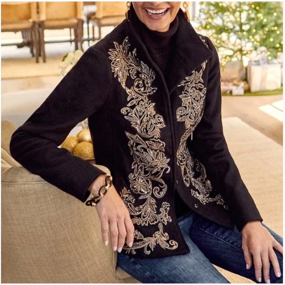 Chico's Black‎ Embellished Floral Wool Blend Jacket Beaded Sequin Size 1
